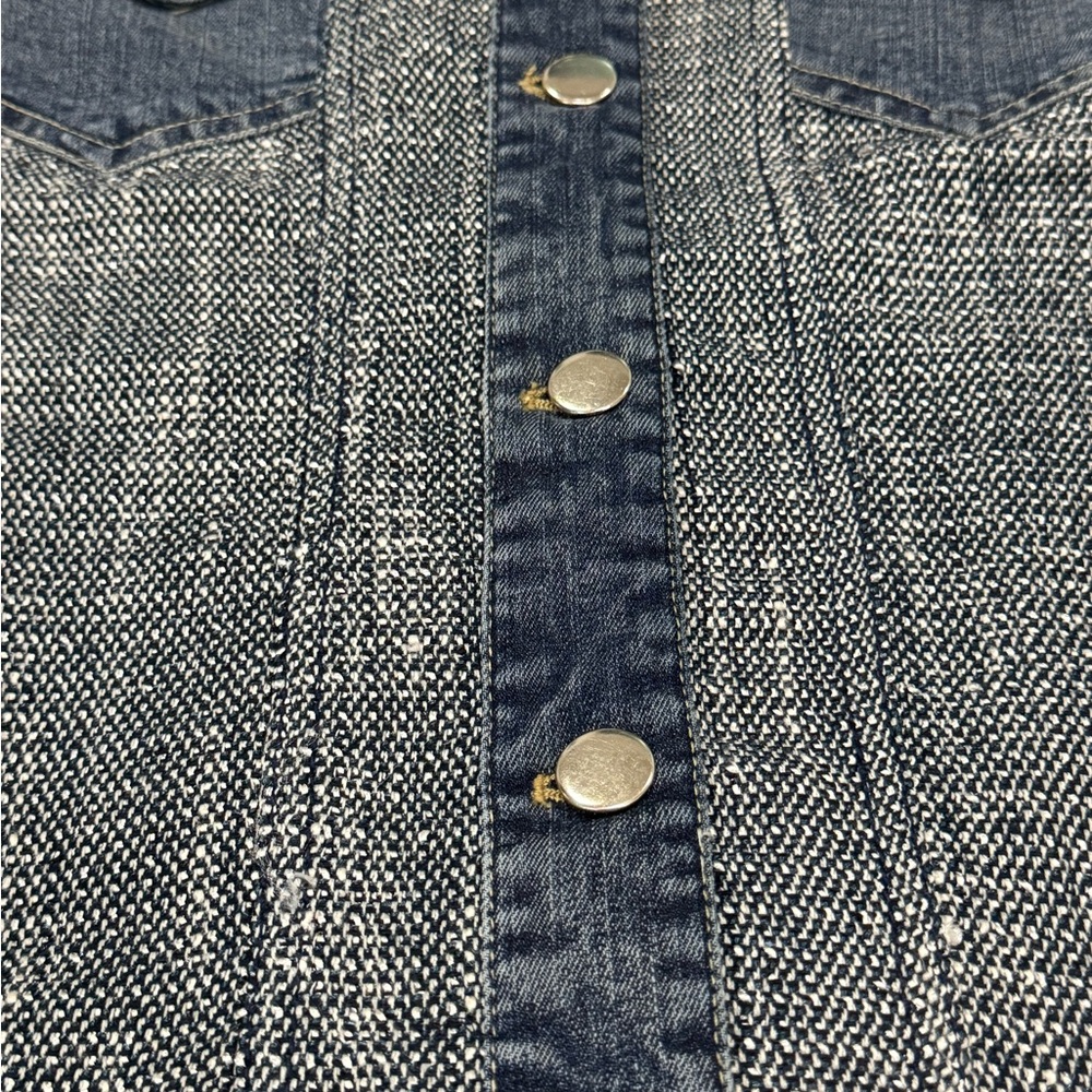 Chico’s Denim Tweed Mixed Media Jacket Blue Silver Button Size 1 M - Picture 6 of 11